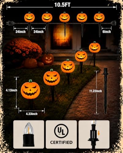 10.5FT Halloween Pumpkin Pathway Lights, 5PK C7 LED Pumpkin Stakes Lights - Image 2