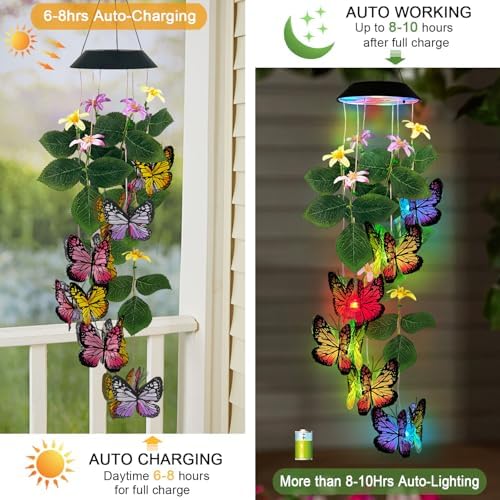 Solar Wind Chimes Outdoor,Colorful Butterfly & Color Changing LED Mobiles - Image 3