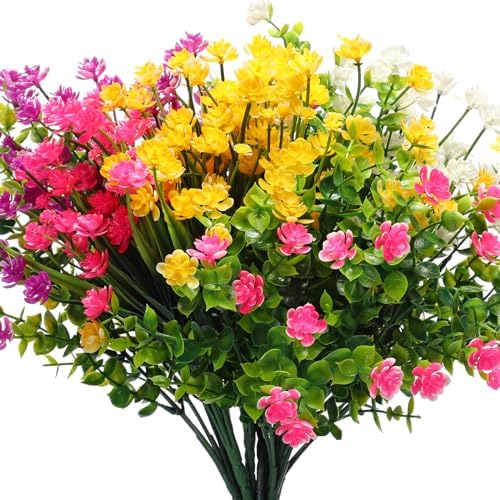 WILLBOND 12 Bundles Artificial Flowers Outdoor, UV Resistant Faux Artificial Plants Shrubs Plastic Flower Bulk for Hanging Planter Porch Window Home Spring Summer Decor(Cute Color) by Willbond+Technology+Limited