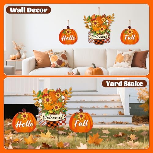 3 Pcs Metal Pumpkin Yard Stakes with Welcome Sign Hello Fall Pumpkin Yard Signs Hanging Wall Decor Farmhouse Decorative Garden Stakes for Autumn Harvest Thanksgiving Outdoor Walkway Decor - Image 4