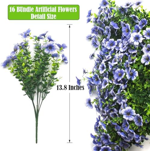 Grunyia Artificial Fake Flowers for Outdoor Spring Decoration, 16 Bundles Faux Silk Colorful Daisy UV Resistant Realistic for Outside Porch Patio Home Yard Garden Planters Pots Window Box (Blue) - Image 2