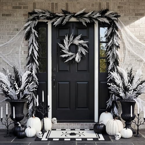 DecorbyHannah 18'' Black Halloween Pampas Wreath with Lights for Front Door - Image 2