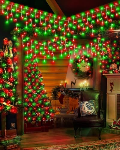 Christmas Lights Outdoor Red Green, 53 FT 486 LED Christmas Lights for Outside, Timer & Memory, Plug in 8 Modes Hanging Fairy Light with 108 Drops for House Eaves Yard Patio Decorations - Image 4