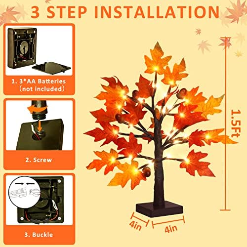 2Pack Artificial Fall Lighted Maple Tree - 1.5FT 36 LED Thanksgiving Decor Lights, Battery Operated Tabletop Lamp with 6 Acorns, 6-Hours Timer, for Wedding Party Indoor Outdoor Autumn Decor… - Image 7