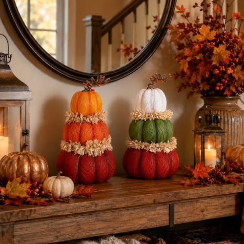 MEETYAMOR Fall Pumpkin Decor, 2 PCS 7.5in Resin Pumpkin Figurines for Fall Decor, Stacked Knit Textured Pumpkins Fall Decorations for Home, Shelf, Table Centerpieces, Autumn, Thanksgiving Decor - Image 6