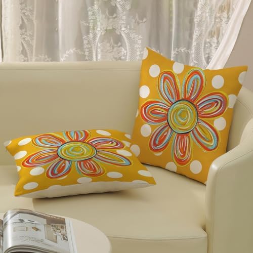 Summer Pillow Covers 18x18 Inch Set of 2 Polka Dots Watercolor Yellow Sunshine Flower Decorative Throw Pillows Boho Outdoor Sun Pillowcase Linen Farmhouse Cushion Case Decor for Home Bedroom - Image 4