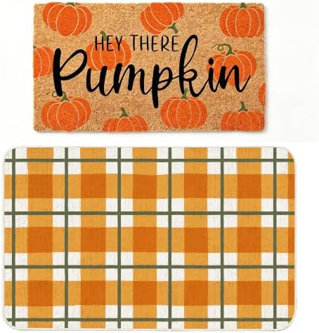 Fall Outdoor Doormat Set Autumn Harvest Doormat 2 Pack, 17×30 Coir Hello Pumpkin Mat & 28×43 Orange Plaid Rug, Indoor Outdoor Fall Thanksgiving Halloween Front Porch Decor - Image 5