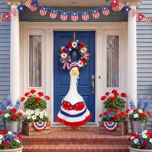 Abbylike 4th of July Bikini Porch Goose Outfit Patriotic Crochet Clothes Red White Blue Geese Summer Costume Fits 23'' Cement Statue for Independence Day Lawn 250th Outdoor Patio Art Decor - Image 3