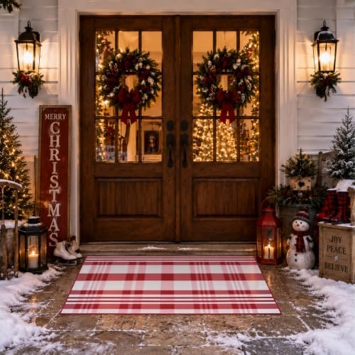 2' x 4'3" Red White Plaid Christmas Doormat Crystal Velvet Entry Rug - Image 7