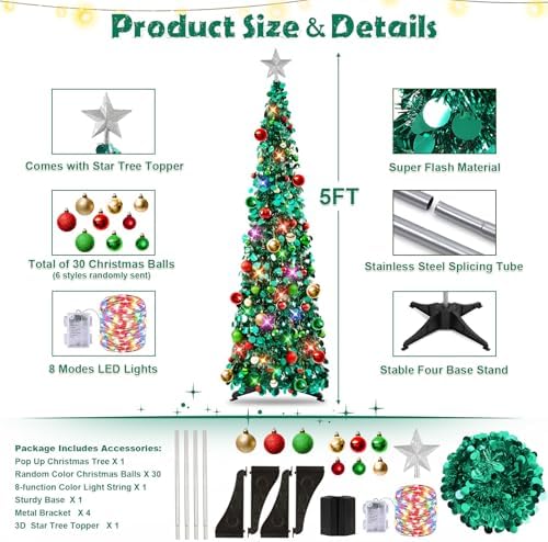 N&T NIETING Pop Up Christmas Tree with Lights & Ornaments,5FT, Peacock Blue - Image 3