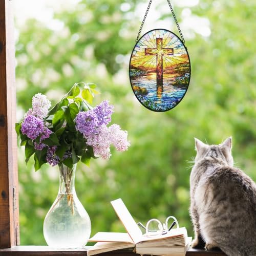 Cross Forget Me Not Stained Glass Window Hanging Suncatcher - Image 2
