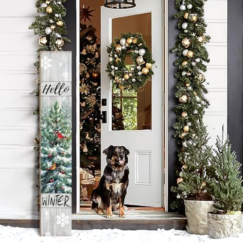 Welcome Standing for Front Porch, Hello Winter Sign for Xmas Door Decorations, Rustic Farmhouse Red Hanging Wall Sign for Christmas and Happy New Year Decor - Image 5