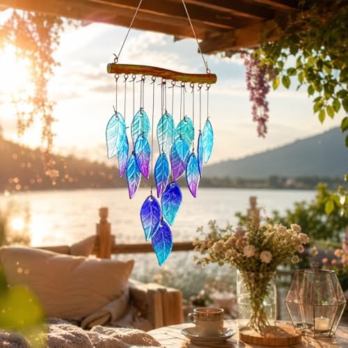 YU FENG 12.5 Inch Handmade Stained Glass Leaf Wind Chimes Window Decor - Image 3