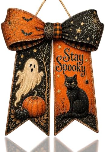 Halloween Bow Door Hanger Ghost Cat Black Orange Front Porch Wooden Sign by Unknown