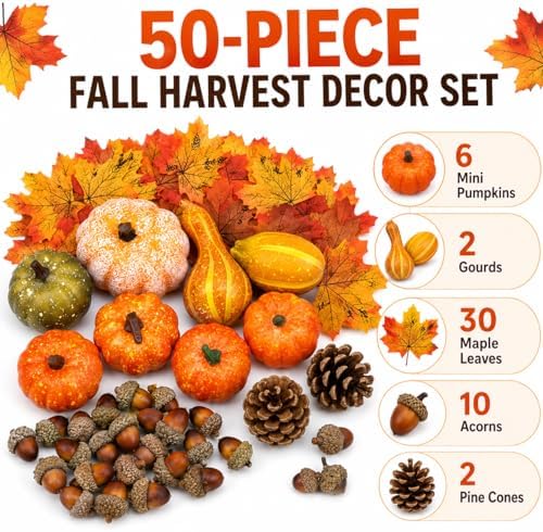 Fall Harvest Decor Set, 50-Piece Autumn Kit with Mini Pumpkin, Gourd, Maple Leaf, Acorn, Pine Cone, Thanksgiving and Halloween - Image 2
