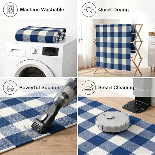 MUBIN Cotton Buffalo Plaid Rug, 3' x 5' Blue White Outdoor Rug Front Door Decorative Mat, Washable Doormat Hand-Woven Foldable Area Rug Layered Door Mats Rug for Front Porch, Entryway, Patio - Image 4