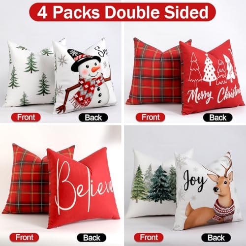 TOYPOPOR Christmas Decorations, Double Sided Plaid Throw Pillow Covers 18x18 Inches Set of 4, Christmas Tree, Snowflakes, Merry Christmas, Snowman Reindeer Winter Holiday Pillowcase for Sofa Couch - Image 2