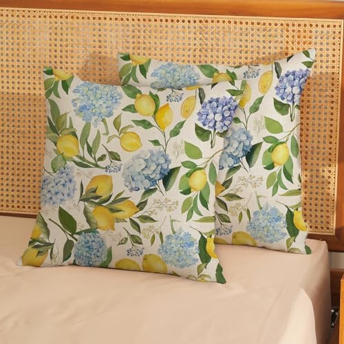 Blue Yellow Pillow Covers 18x18 Inch Set of 2 Lemon Flower Blue Hydrangea Floral Throw Pillows Seasonal Vintage Summer Outdoor Decorative Pillow Cases Decor Linen Cushion Cover for Couch Sofa - Image 3