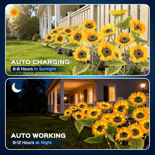 TANSOREN 3 Pack Solar Garden Lights Outdoor, 2 Lighting Modes Warm White LED Waterproof Solar Powered Sunflowers Landscape Light for Outside Yard, Patio, Pathway Decorative, Décor, Gifts - Image 3