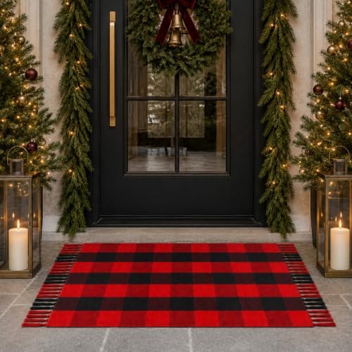 Breling Christmas Outdoor Rug 28" x 43" Black and Red Buffalo Plaid Door Mat with Tassels Christmas Home Decor Soft Hand Woven Cotton Bathroom Rug Washable Layered Doormats for Front Porch Entryway by Breling