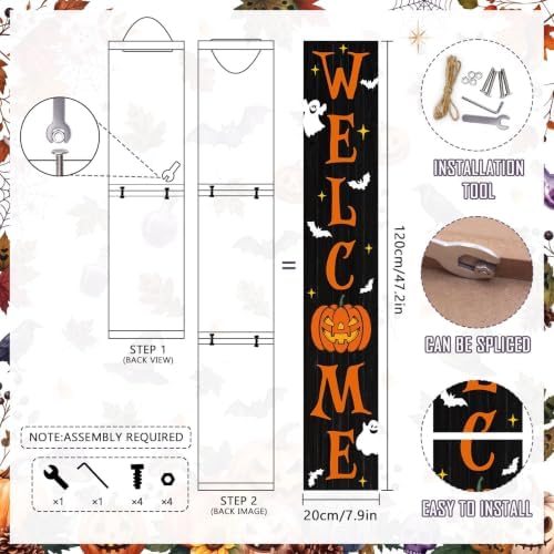 Welcome Porch Sign, Wooden, 47.2", Outdoor Front Door, Spooky Ghost - Image 3