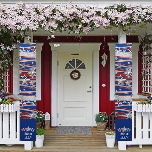 doginthehole 4th of July Decorations Door Banners 2pcs Outdoor Patriotic Memorial Day Decor Independence Day Hanging American Flag and Banner Stars and Stripes Porch Sign Party Supplies Red White Blue by doginthehole