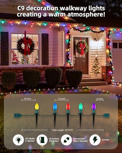 Christmas Pathway Lights Outdoor,51.4 Ft C9 Lights with 40 Multicolor Bulbs - Image 3