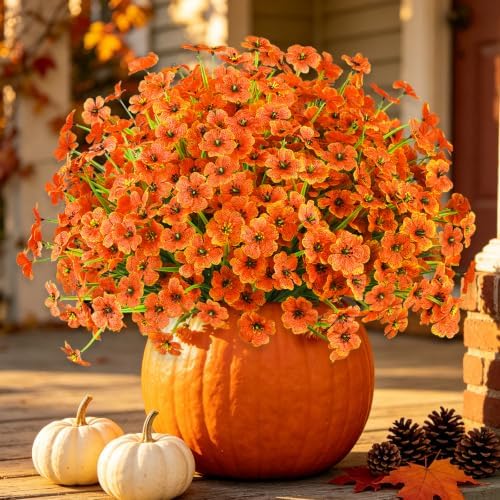 24PCS Artificial Fall Flowers for Outdoors, Fake Mums, Orange - Image 4
