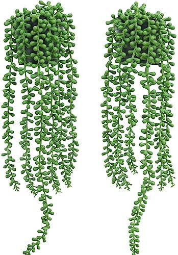 Floweroyal 2pcs Fake Hanging Plants Fake Potted String of Pearls Succulent Plants Small Faux Plants for Indoor Outdoor Shelf Wall Decor by FloweroyalCrafts