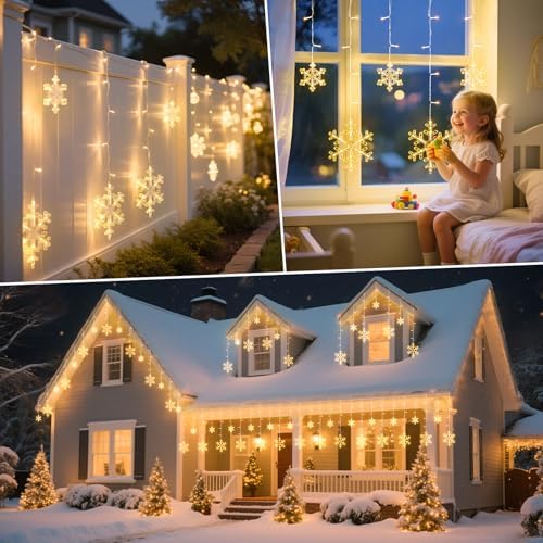 2 Pack 13 Ft 192 LED Snowflake Christmas Icicle Lights with 16 Drops, 8 Modes and Timer, IP65 Waterproof Connectable for Indoor Outdoor House Window, Warm White - Image 6
