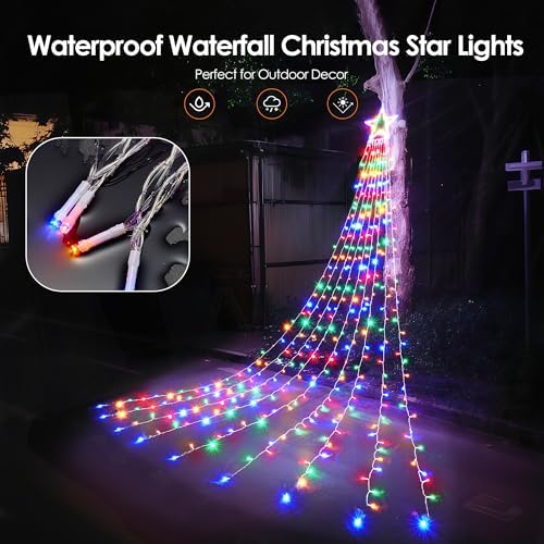 WBao Outdoor Christmas Decorations with 12" Star Topper, 344 LED 11.9ft Waterfall Christmas Lights with Remote Control, 8 Modes, 3 Timers, UL Listed, Waterproof for Tree Roof Porch Decor, Multicolor - Image 3