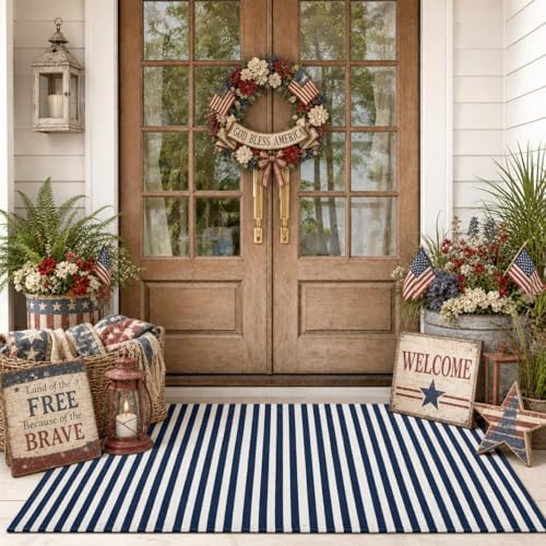 Moucuny 3' X 5' Narrow Navy and White Summer Vertical Stripe Outdoor Rug - Image 5