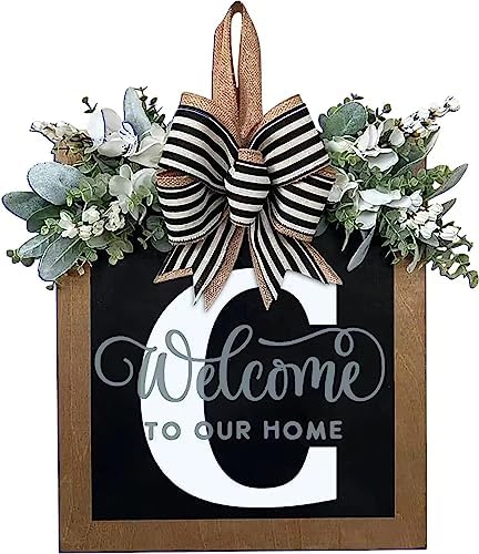 Last Name All Year Round Front Door Wreath with 26 Initial Letter Welcome Sign All Seasons Eucalyptus Garland and Bow ，Farmhouse, Porch, for Spring Summer Fall All Seasons Holiday Halloween Christmas.（C） by YICORIP