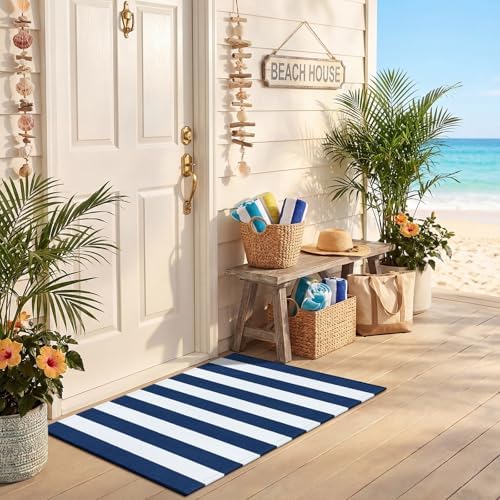 Duraaamo Nautical Navy White Stripe Outdoor Rug 2' X 3' for Front Porch - Image 3
