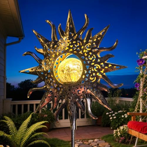 HOMEIMPRO Large Sun Solar Garden Decor Lights Outdoor Garden Gifts Mom Dad, Crackle Glass Metal Stake Backyard Decor, Waterproof LED Lights for Lawn Patio Ornaments, Mothers Day Gifts for Women by Homeimpro