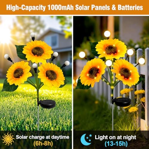 Sunflower Solar Lights Outdoor, 2 Pack Sunflowers with Firefly Lights, Waterproof Solar Flower Lights with 1000mAh Battery for Patio Porch Lawn, Gifts for Mom Women Grandma, Yard Decorations Outdoor - Image 5