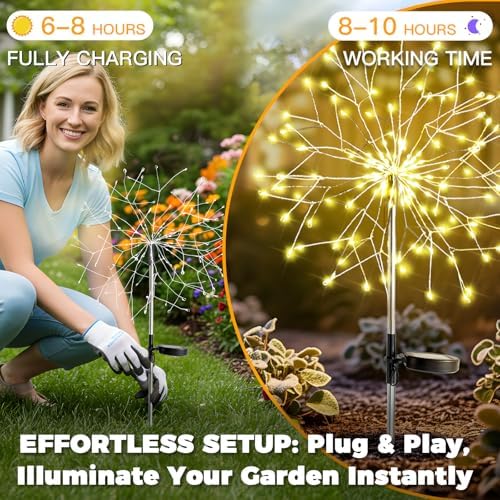 suddus Solar Garden Lights Outdoor Waterproof Decorative, Upgrade 2Pack 150LED Firework Lights, Solar Fairy Lights for Yard, Garden, Party, Patio, Pathway, Flowerbed - Warm White - Image 5
