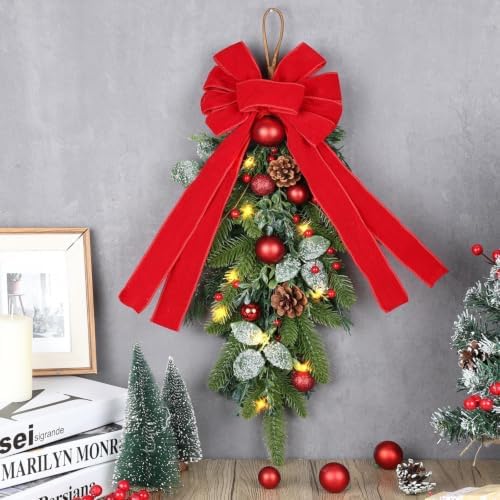 2 PCS 24" Artificial Christmas Teardrop Swag Norfolk Pine Teardrop Door Swag Xmas Cedar Swags Wreath with Berry Pinecone for Front Door Winter Cabinet Mantle Fireplace Wall Indoor Outdoor Home Decor - Image 2