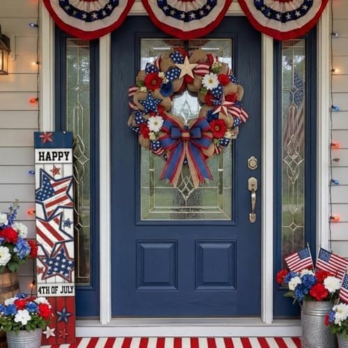 Threehoney 47" Large 4th of July Front Porch Sign Patriotic Wooden Vertical Door Sign with American Flag Colors Red White Blue Outdoor Decor for Independence Day 250th Anniversary Home Entryway - Image 2