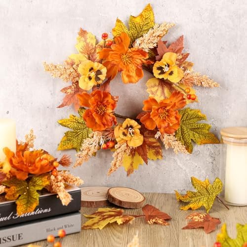 12 Pcs Fall Floral Swags Wreaths Mini Autumn Artificial Candle Rings Wreaths with Berries 3 inch Farmhouse Cabinets Hanging Wreath for Pillar Front Door Porch Wall Window Decoration - Image 2