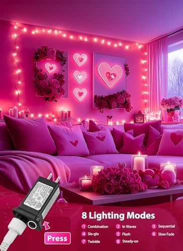 Pink Christmas Mini Lights, 39Feet 100 LED Pink String Light with 8 Lighting Modes, Connectable Valentine's Lights for Indoor Outdoor Valentine's Day Garland Wreath Holiday Decoration, White Wire - Image 7