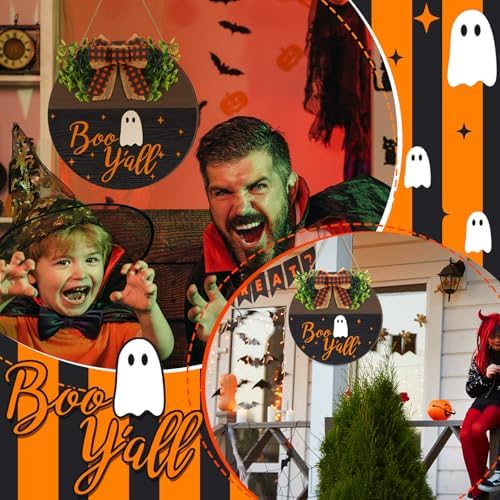 Moucuny Halloween Wreath for Front Door Wooden Boo Ghost Door Sign with Bow - Image 4