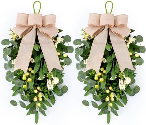 2 PCS 22" Artificial Green Eucalyptus Teardrop Swag for Front Door Greenery Swag Spring Summer Olive Kitchen Cabinet Wreath with White Berry for Farmhouse Home Porch Wall Window Festival Wedding Decor by Unknown