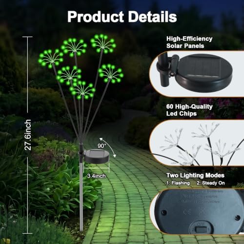 Solar Garden Lights Outdoor, 2 Pack New Upgraded Solar Swaying Starburst Light, Waterproof Fireworks Solar Lights for Yard Patio Pathway Decoration, Green - Image 6