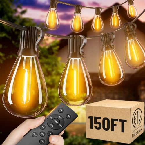 150FT Outdoor String Lights with Remote, Waterproof Patio Lights with 55+2 Shatterproof LED Bulbs,Dimmable Hanging Decor for Backyard Garden Porch Bistro, Timer & 3 Modes,2200K Warm White by AMZRAP