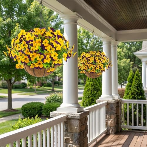 lovemoon 2 Set Artificial Outdoor Pansies Flowers with Hanging Baskets, 2 Hanging Planters with 24 Pcs Silk Pansy Flowers for Spring Easter Decorations Porch Patio Home Decor (2, Purple, Yellow) - Image 3