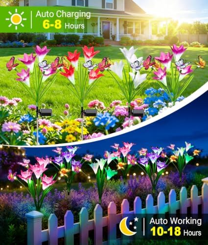 KOOPER Solar Lights Outdoor Garden Decor 4 Pack, 16 Lily Flowers and 12 Swaying Butterflies, IP65 Waterproof 7 Color Changing Solar Flower Lights for Yard Patio Pathway, Gifts for Mom Women Grandma - Image 3