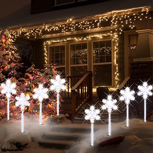 Ultra-Bright Shooting17 568LED Snowflake Lawn Stake Light 4 Stakes Total Christmas Outdoor Decoration with UL Standard Adaptor for Outdoor Pathway Lawn Holiday Party Home(White) - Image 4