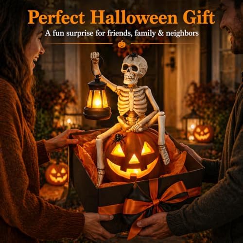 Halloween Outdoor Decorations Solar Lighted Skeleton Pumpkin Statue with Lantern 9.3 Inch Resin Jack O Lantern Yard Decor Halloween Skeleton Decoration for Porch Patio Garden Lawn - Image 6