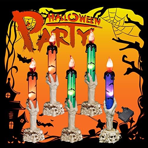 Hourleey Halloween Decorations, 5 Pack Skull Candle Lights with Stakes, Battery Operated Waterproof Pathway Decor with Timer for Indoor Outdoor Front Pathway Lawn Yard Garden - Image 3